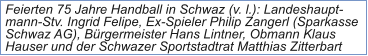 Feierten 75 Jahre Handball in Schwaz (v. l.): Landeshaupt-mann-Stv. Ingrid Felipe, Ex-Spieler Philip Zangerl (Sparkasse Schwaz AG), Bürgermeister Hans Lintner, Obmann Klaus Hauser und der Schwazer Sportstadtrat Matthias Zitterbart